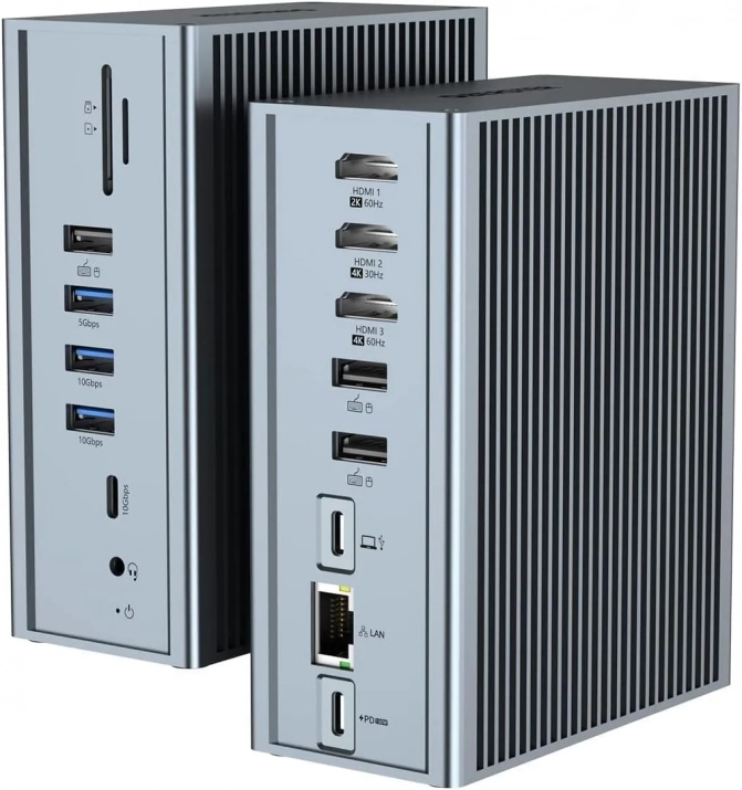 Професионална Докинг станция Qhou 16 in 1 USB C Hub,3x HDMI, Ethernet, 100W PD, 3.5mm Audio, 2x USB A, USB C 10Gbps, SD/TF for Mac Pro/Air, Сива 1