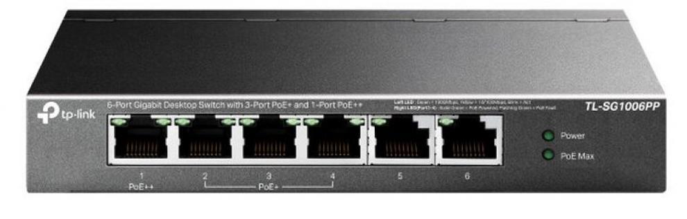 Switch TP-Link TL-SG1006PP, 6-портов, Gigabit, 3 x PoE+,1 x PoE++,  Сив  1