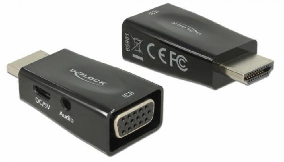 Адаптер Delock 65901, HDMI M / VGA F + micro USB F + Audio жак F, Черен