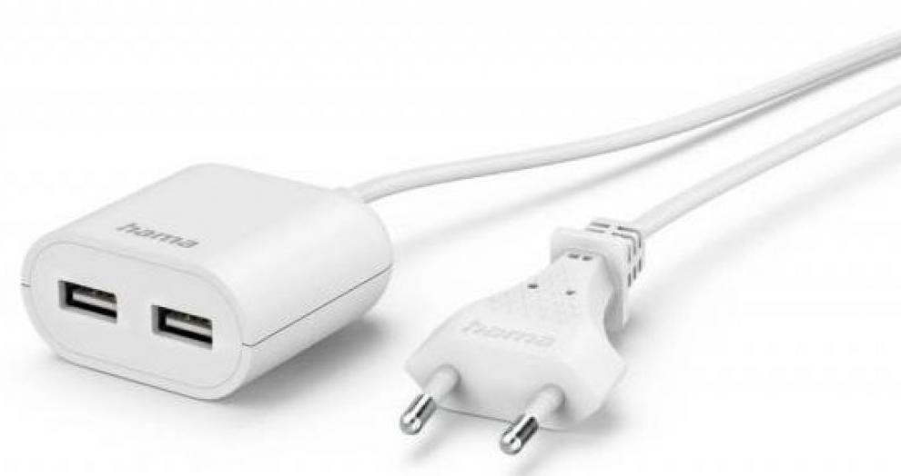 Адаптер за зареждане Hama 223203, 5V / 2.4A, 2 x USB + кабел 1.9м, Бял 1