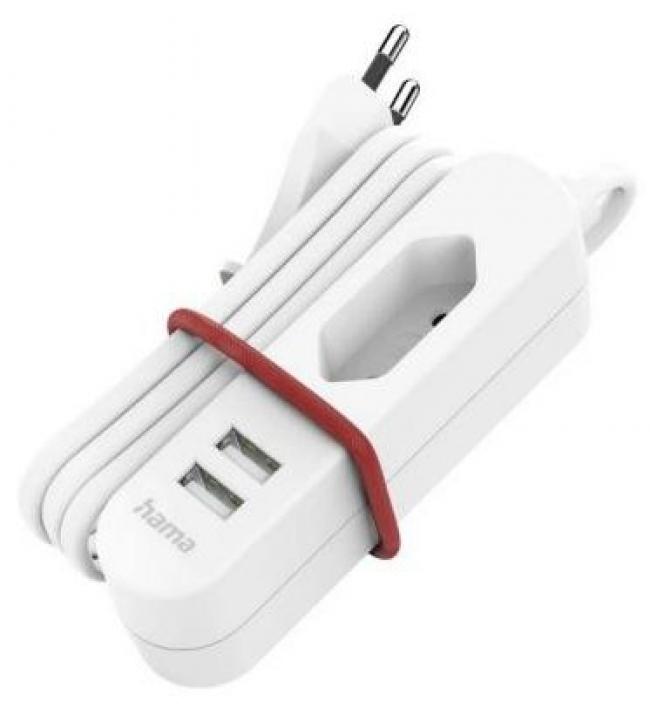 Адаптер за зареждане Hama 223202, 2 x USB-A, 1 x евробукса, 5V/2.4A, Бял 1