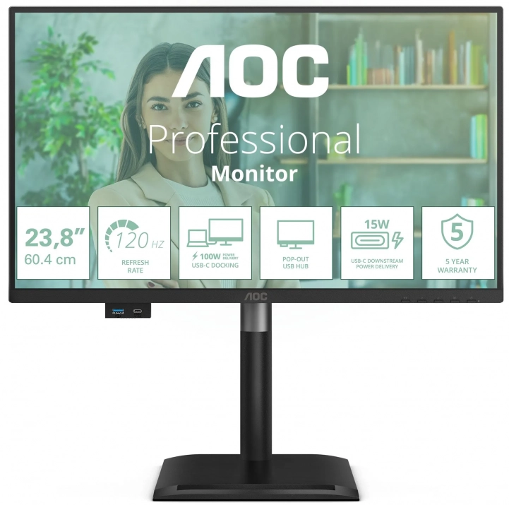 Монитор AOC 24P4CV, 23.8", IPS, FHD (1920 x 1080), 120Hz, HDR, AdaptiveSync, USB hub, RJ45, Черен 1