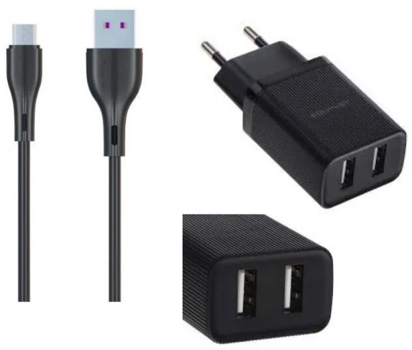 Зарядно за телефон Awei C15M-EU, 10W, Fast Charge, 2 x USB-A, с включен кабел, Черен 1