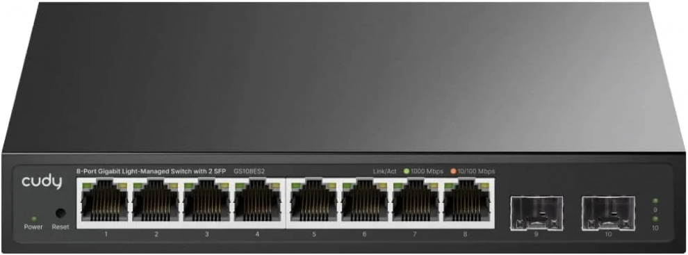 Суич Cudy GS108ES2, 8-портов, Gigabit, Easy-Managed, 2xSFP слота, Черен 1