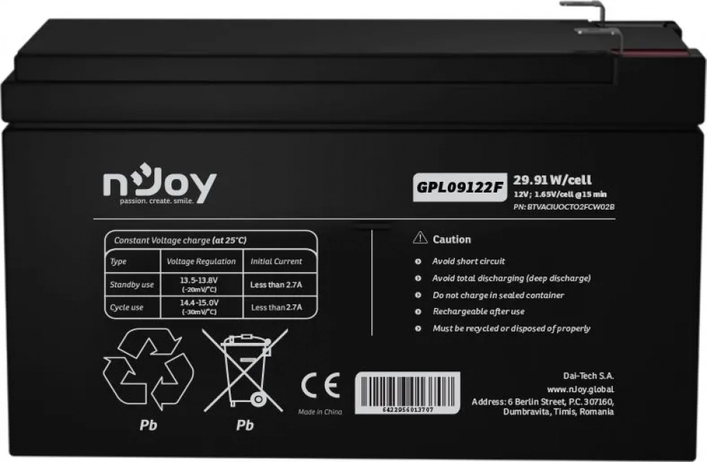 Батерия за UPS NJoy GPL09122F, 12V 9Ah | BTVACIUOCTB2FCW02B