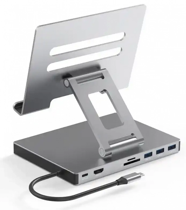 Докинг станция със стойка за таблет BE ST801, 9-в-1, USB-C 3.0, PD 100W, Сива 1