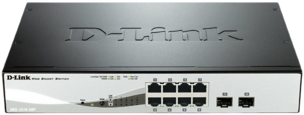 Суич D-Link 8-портов Gigabit PoE Smart с 2 SFP ports | DGS-1210-08P 1