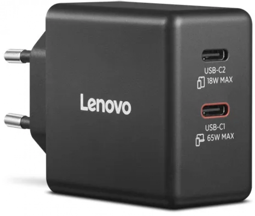 Адаптер за зареждане Lenovo Dual USB-C 65W GaN Charger, Черен ...