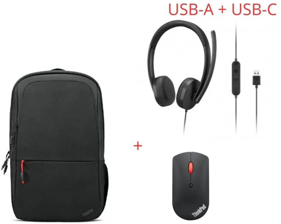 Lenovo Mobile Bundle, слушалки Stereo Gen 2 USB-A + раница ThinkPad Essential 16" + мишка ThinkPad Silent 1