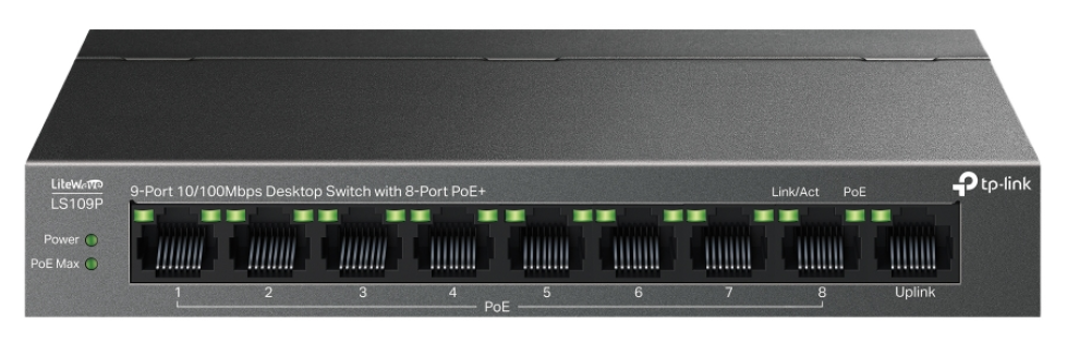Суич TP-Link LS109P, 9-портов, PoE+, Черен 1