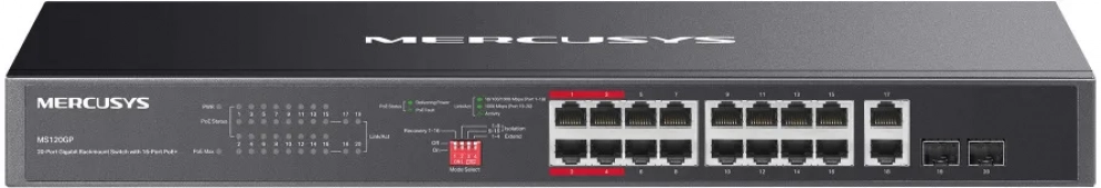 Суич Mercusys MS120GP, 20-портов, Gigabit, 16 PoE+ порта, Черен 1