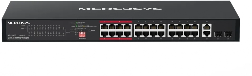 Суич Mercusys MS126CP, 24-портов, PoE+, 2 Gigabit ъплинк порта, неуправляем, Черен 1