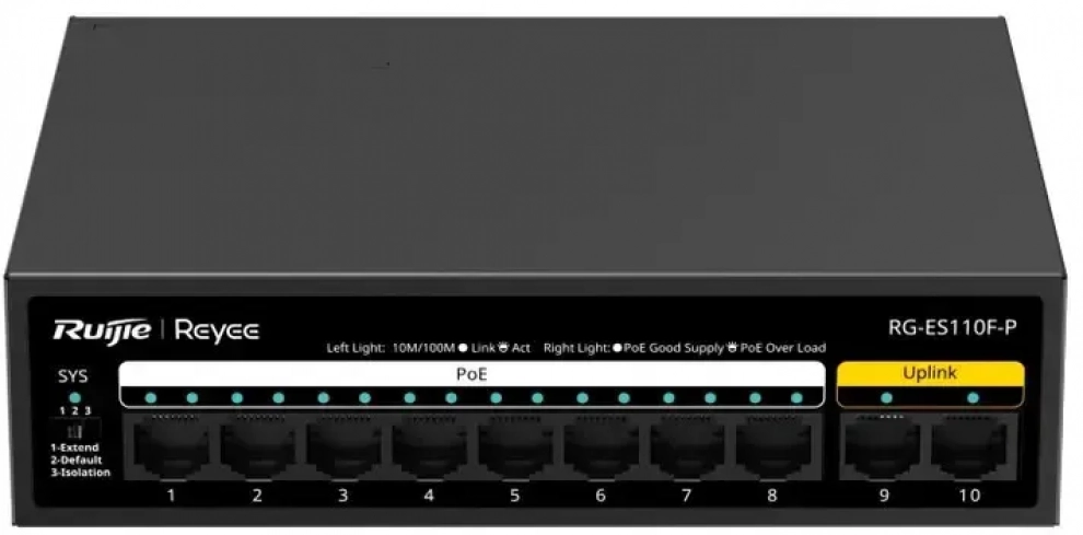 Суич Ruijie RG-ES110F-P, 10-портов, PoE/PoE+, неуправляем 1