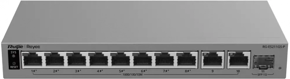 Суич Ruijie RG-ES211GS-P, 11-портов, Gigabit Layer 2 Smart Cloud-Managed PoE+ 1