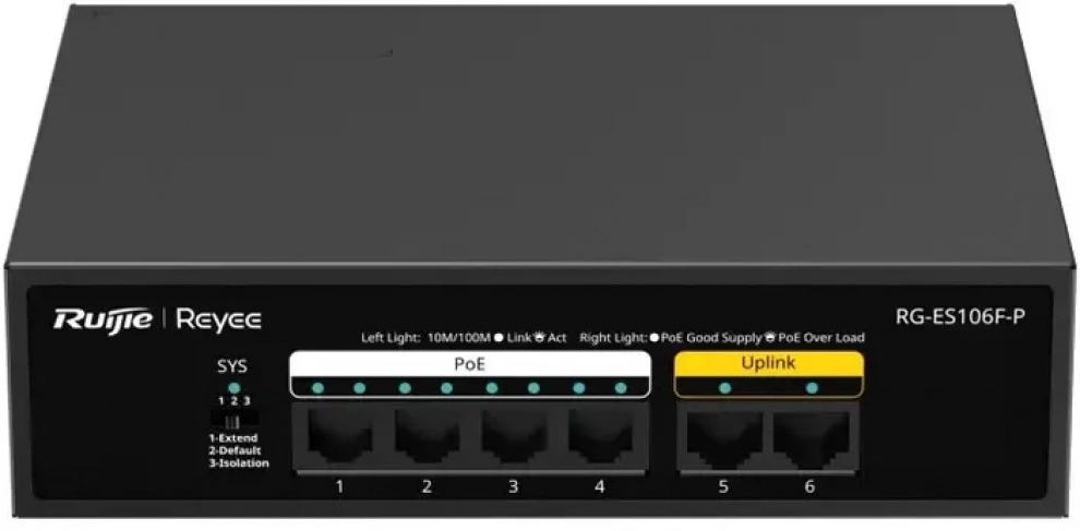 Суич Ruijie RG-ES106F-P, 6-портов, 10/100Mbps, 4 x PoE+, 54W, неуправляем 1