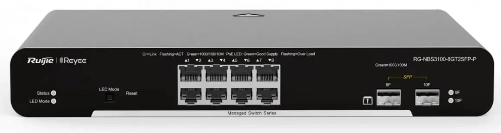 Суич Ruijie RG-NBS3100-8GT2SFP-P, 10-портов Gigabit Layer 2 Cloud Managed PoE 1