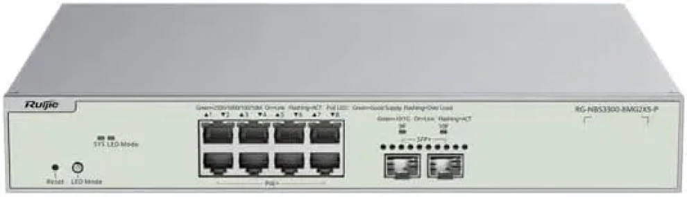 Суич Ruijie RG-NBS3300-8MG2XS-P, 8-портов, Muti-Gigabit Layer 2 Managed, PoE, 2 x SFP+ Uplink Ports 1
