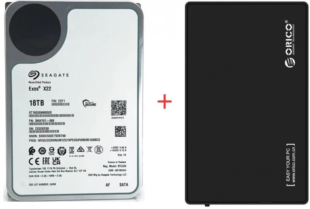 Външен хард диск Seagate Exos X22, 18TB HDD, 3.5" SATA3, USB 3.0, Recertified (Zero Hours) запечатан | ST18000NM000E-FR + 3588US3 1