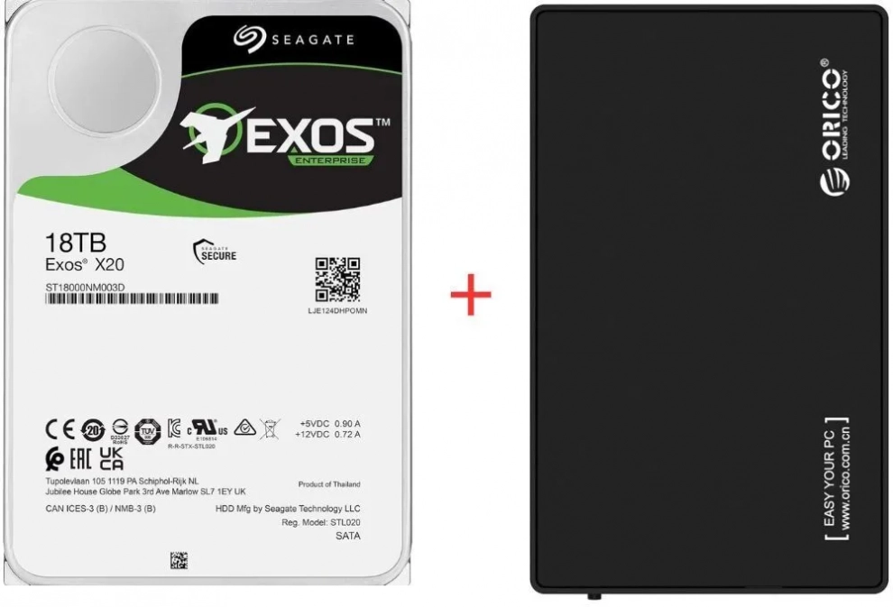 Външен хард диск Seagate Exos X20, 18TB HDD, 3.5" SATA3, USB 3.0, Recertified (Zero Hours) запечатан | ST18000NM003D-FR + 3588US3 1