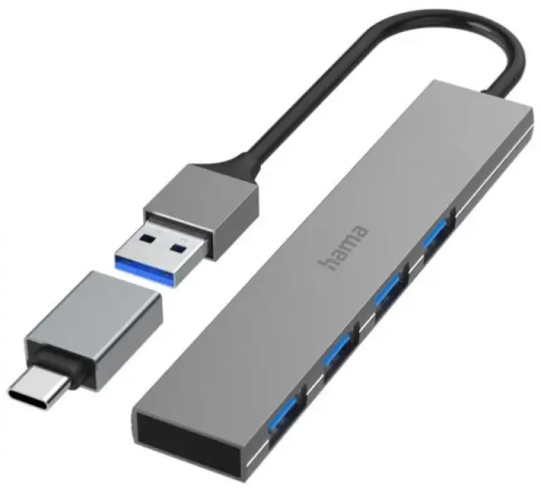 USB хъб Hama 200141, 4-портов, USB 3.2 Gen 1, USB-А/USB-C, Сив 1