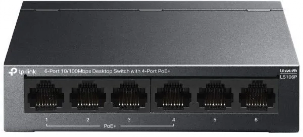 Суич TP-Link LS106P, 6-портов, 4 PoE+ порта, Черен 1
