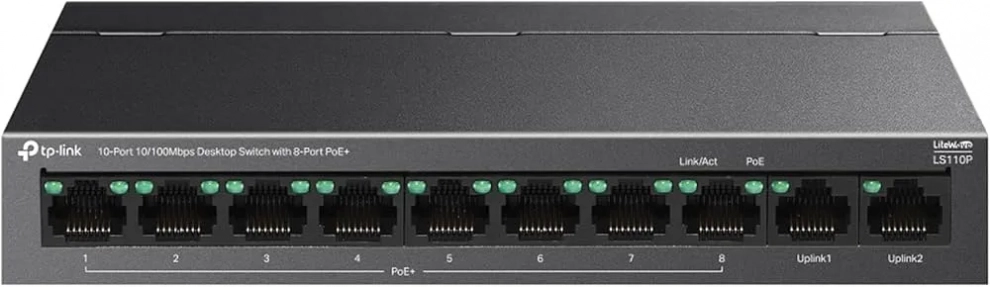 Суич TP-Link LS110P, 10-портов с 8 PoE+ порта, Черен 1